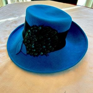 Blue Wide-Brim Felt Hat with Feather Trim